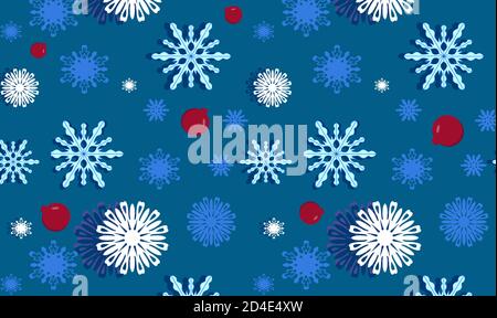 Winter seamless pattern with snowflakes on a blue background with Christmas balls Stock Vector
