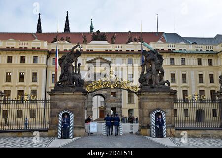 PRAGUE, CZECHIA – CIRCA SEPTEMBER 2020:The Castle Guard in front of the Prague Castle in Czechia during ceremonial duty, changing of the guard. Stock Photo