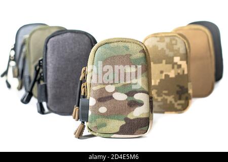 Backpack bag gear protective color khaki, tactical sports equipment isolated on white background Stock Photo