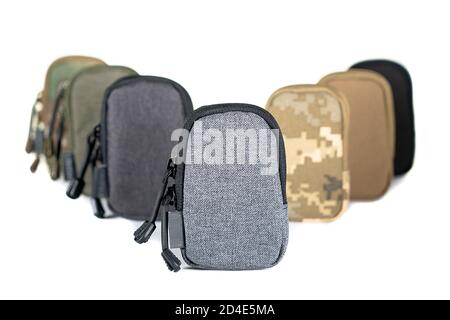 Backpack bag gear protective color khaki, tactical sports equipment isolated on white background Stock Photo