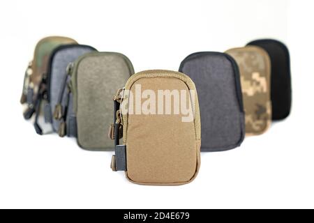 Backpack bag gear protective color khaki, tactical sports equipment isolated on white background Stock Photo