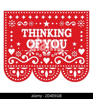 Thinking of you Papel Picado greeting card vector design - party decoration cutout banner inspired by folk art from Mexico Stock Vector