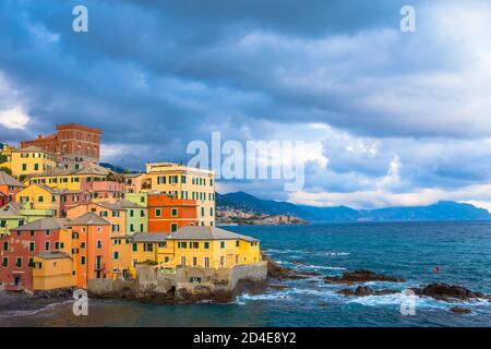 GENOA, ITALY - CIRCA AUGUST 2020: Boccadasse marina panorama, village on the Mediterranean sea with colourful houses. Stock Photo