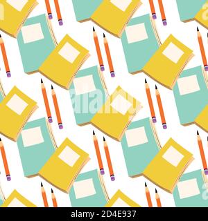 Vector sets of blue, yellow, orange notebooks and pencils seamless pattern background. Diagonal rows of journals and pens on white backdrop. Fun all Stock Vector
