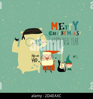 Funny rock n roll Santa Claus with polar bear and little helper Stock Vector