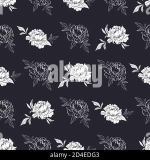 seamless black and white pattern with peonies and leaves Stock Vector