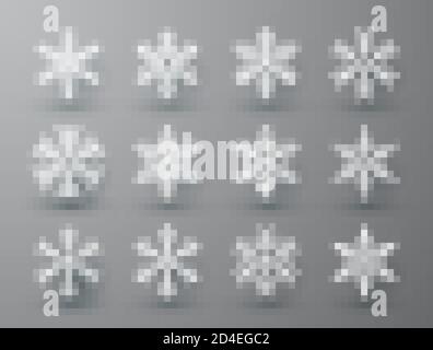 Snowflake winter set of white isolated icon silhouette on white gray background. Vector illustration. Stock Vector