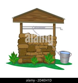 Stone and wood water well isolated on white background. Rustic cartoon well of fresh water with chain and bucket.Groundwater.Stock vector illustration Stock Vector