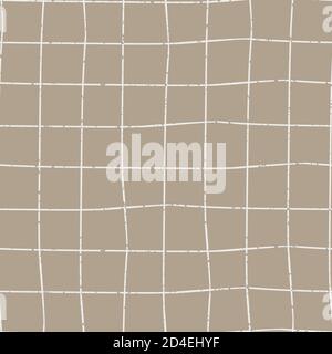 Irregular line vector seamless grid pattern background. Notebook graph paper style hand drawn linear criss cross design. Beige brown backdrop Stock Vector