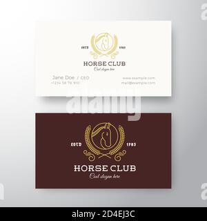 Horse Club League Abstract Vector Logo and Business Card Template. Line Style with Typography. Stallion Head in a Circle. Laurel. Premium Stationary Stock Vector