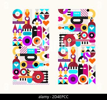 Two abstract art designs with wine bottles and music instruments isolated on a white background. Geometric style vector illustration. Stock Vector