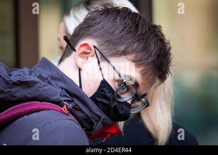 Benjamin Clark, 18, of Wilton Crescent, Hertford, arrives at Westminster Magistrates' Court in London, charged with defacing the Sir Winston Churchill statue in Parliament Square on September 10, the final day of ten days of Extinction Rebellion protests in the capital. Stock Photo