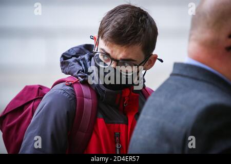 Benjamin Clark, 18, of Wilton Crescent, Hertford, arrives at Westminster Magistrates' Court in London, charged with defacing the Sir Winston Churchill statue in Parliament Square on September 10, the final day of ten days of Extinction Rebellion protests in the capital. Stock Photo