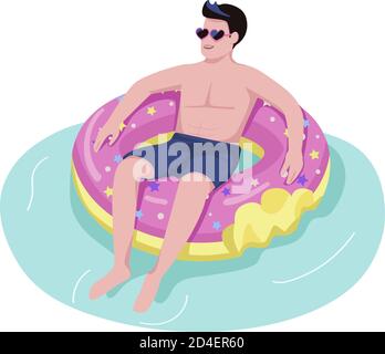 Man on inflatable donut flat color vector faceless character Stock Vector