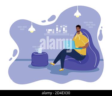 afro man using laptop in the sofa scene vector illustration design Stock Vector
