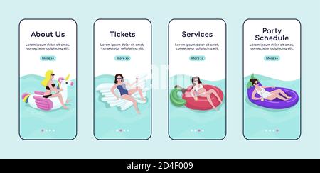 Pool party services onboarding mobile app screen flat vector template Stock Vector