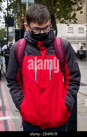 Benjamin Clark, 18, of Wilton Crescent, Hertford, exits Westminster Magistrates' Court in London, charged with criminal damage to the Sir Winston Churchill statue in Parliament Square on September 10, the final day of ten days of Extinction Rebellion protests in the capital and admitted causing £1,642.03 worth of damage to the statue and spraying the word 'racist' in chalk paint, but denied causing all the damage to the statue done on the day. Deputy Chief Magistrate Tan Ikram handed down a £200 fine and ordered Clark to pay £1,200 in compensation. Stock Photo