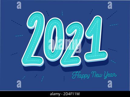 New Year 2021 vector greeting card template. Trendy retro font number on red background. Decorative childish hand drawn fir trees doodles. Stock Vector