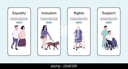 Disabled people equality and support onboarding mobile app screen flat vector template Stock Vector