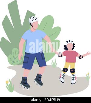 Father and child roller skating flat color vector faceless characters Stock Vector
