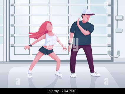 Contemporary dancers couple together flat color vector illustration Stock Vector