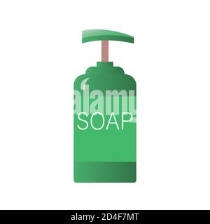 Green soap dispenser in a bottle. Personal hygiene product during the coronavirus pandemic. Vector isolated illustration. Stock Vector