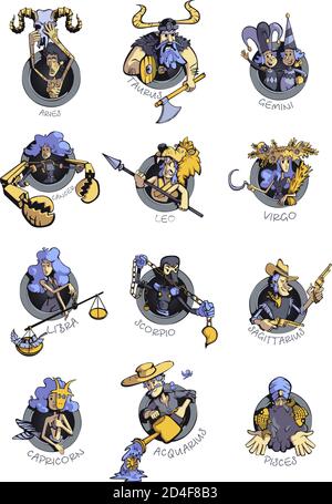 Zodiac signs characteristics flat cartoon vector illustrations kit
