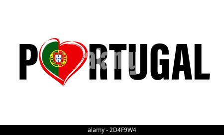 Portugal text tourism logo with heart flag emblem on white. Love Portugal with heart shape for Portuguese Republican victory isolated on white Stock Vector