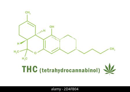 thc tetrahydrocannabinol chemical formula with cannabis leaf vector illustration EPS10 Stock Vector
