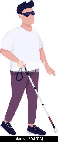 Blind man with walking cane flat color vector faceless character Stock Vector