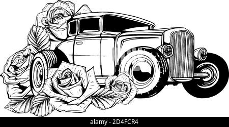 Vector illustration Cartoon Retro Hot Rod design art in black and white Stock Vector