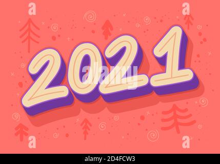 New Year 2021 vector greeting card template. Trendy retro font number on red background. Decorative childish hand drawn fir trees doodles. Stock Vector