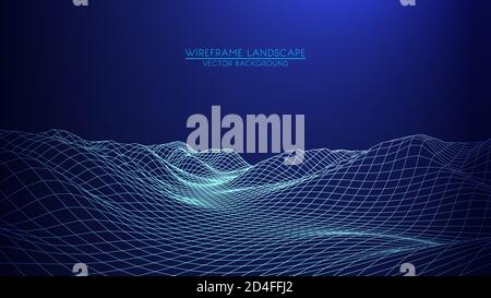 Abstract digital landscape with stars on horizon. Wireframe landscape background. Big Data. 80s Retro Sci-Fi Background Stock Vector