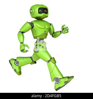 Running green robot isolated on white. 3D illustration Stock Photo