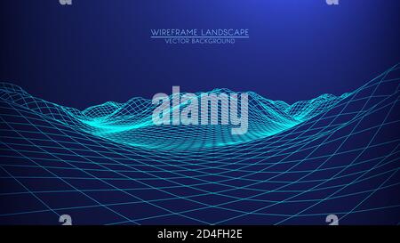 Abstract digital landscape with stars on horizon. Wireframe landscape background. Big Data. 80s Retro Sci-Fi Background Stock Vector