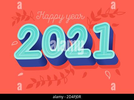 New Year 2021 vector greeting card template. Trendy retro font number on red background. Decorative childish hand drawn fir trees doodles. Stock Vector