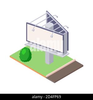 Isometric billboard on green ground near road for outdoor advertising. Stock Vector