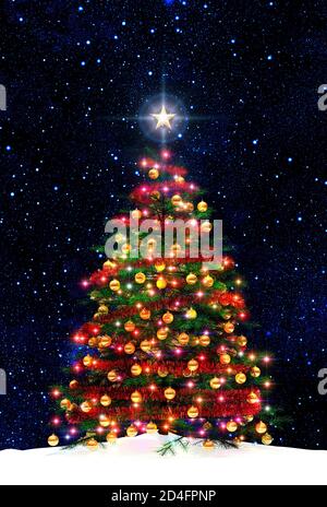Christmas tree star background, cut out, isolated night, decorated with baubles and xmas lights. Snow on the ground. Gold decorations, baubles Stock Photo