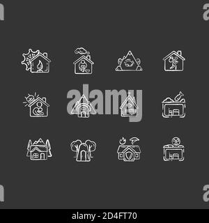 Shelters types chalk white icons set on black background Stock Vector