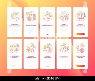 Smart watch setup hints onboarding mobile app page screen with concepts set Stock Vector
