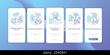 Gender diversity policy benefits onboarding mobile app page screen with concepts Stock Vector