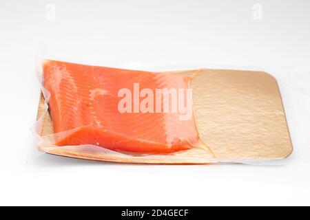 Fresh salmon fish fille on vacuum packed Stock Photo