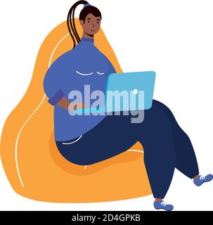 afro ethnic woman with rasta hairstyle working in laptop seated in sofa character vector illustration design Stock Vector