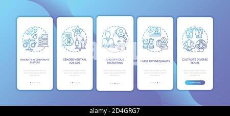 Gender diversity implementation tips onboarding mobile app page screen with concepts Stock Vector