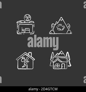 Transitional housing chalk white icons set on black background Stock Vector