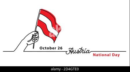 Austria National Day simple web banner with flag and hand. Minimalist vector border, background.One continuous line drawing with lettering Austria Stock Vector