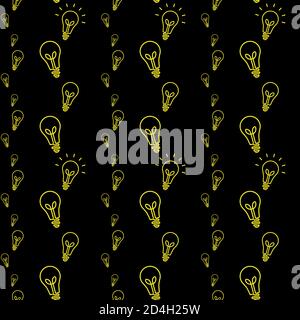 Seamless minimalistic retro light bulb yellow pattern on black background Stock Vector