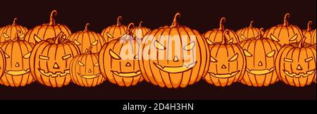 Seamless pumpkins border pattern. Celebration background with pumpkins. Color cartoon shapes on Halloween theme. Halloween vector illustration. Stock Vector