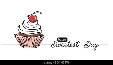 Sweetest day minimalist vector web banner, border, background, poster with cupcake and cherry on top. Single line art colorful illustration with Stock Vector