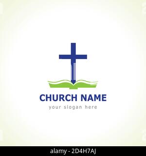 Christian church vector logo. Blue colored crucifixion, open green book with cover and pages Religious educational symbol. Bible learning and teaching Stock Vector